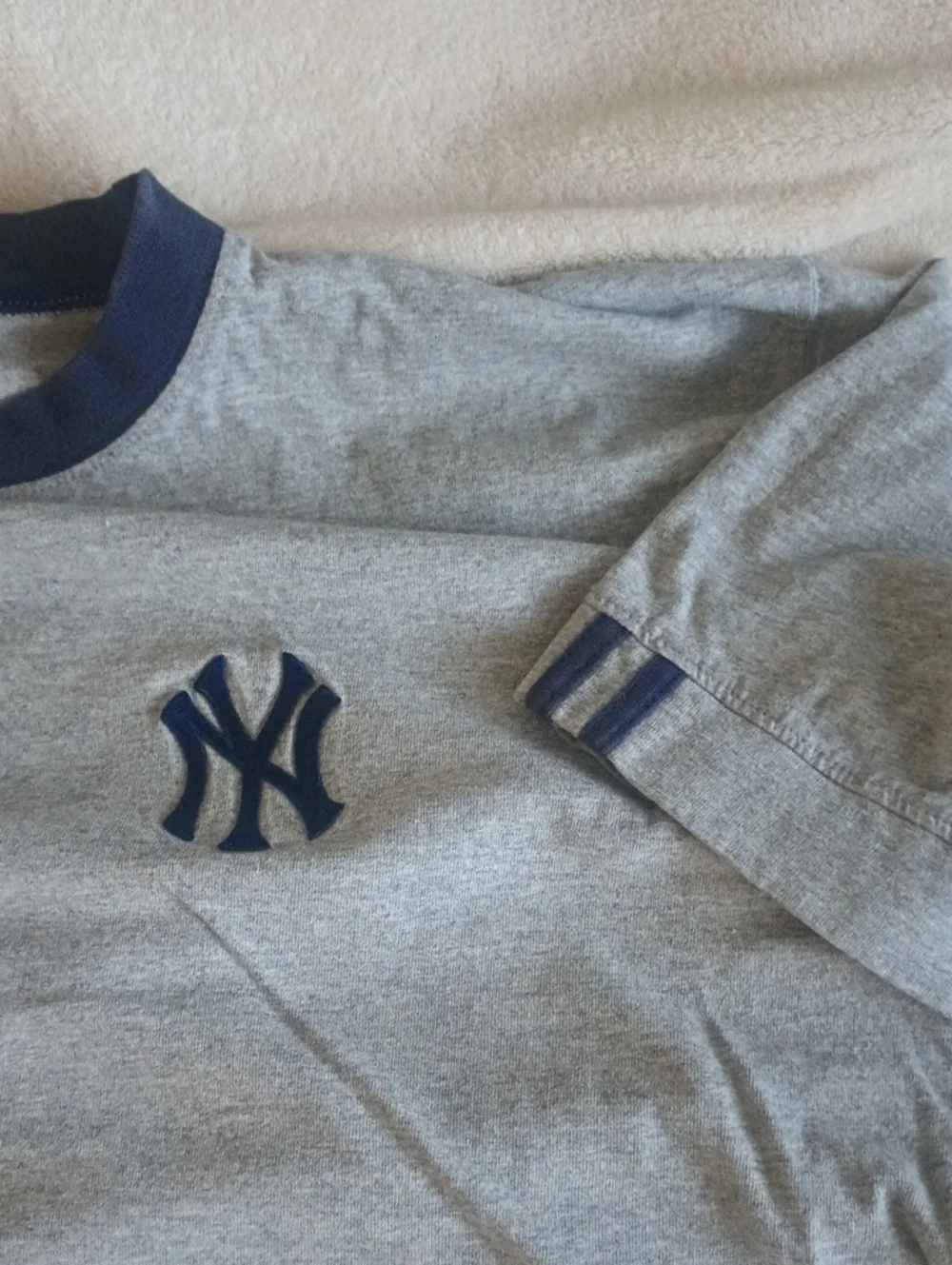 Adidas Light Gray Ringer Tee with Navy Trim and Logo